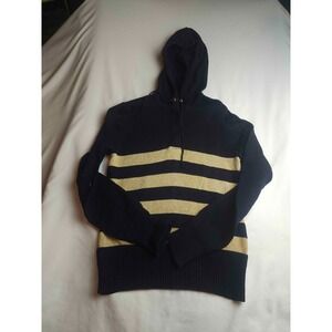 LRL Lauren Jeans Co. Hoodie Sweater Womens Size M Black Gold Stripe Knit 1/4 Zip